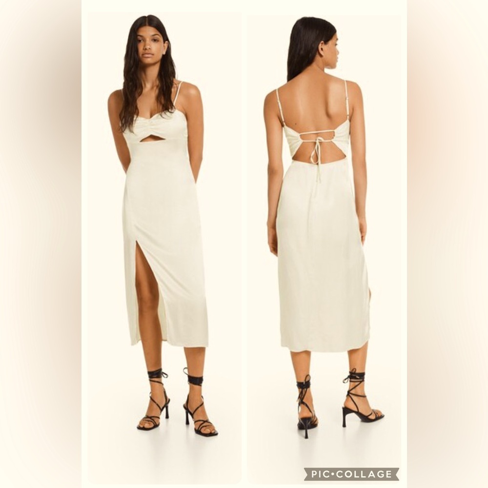 Bershka Women's Cream Ivory‎ White Cutout Slip Tie Back Slit Midi Dress Medium